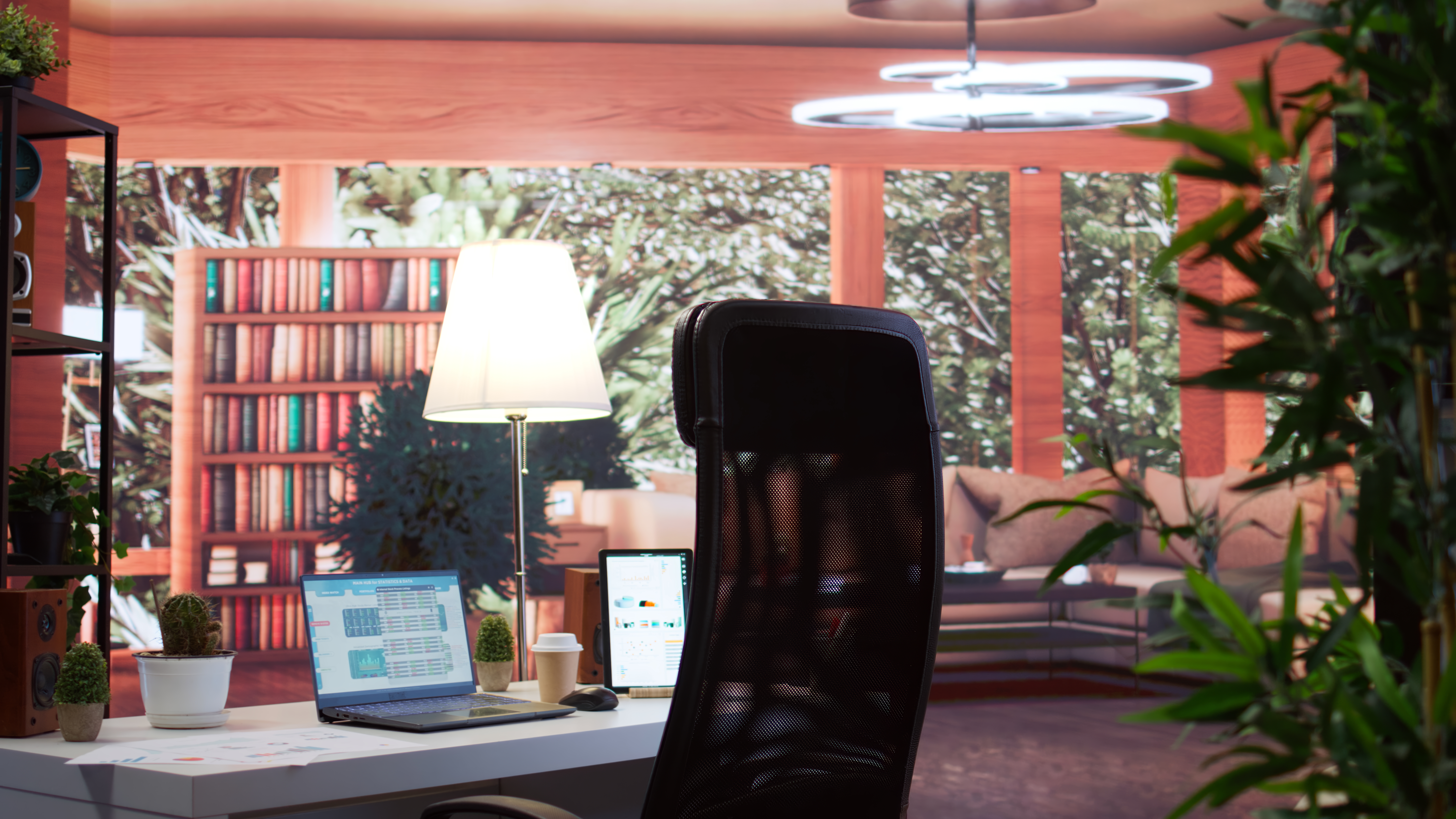 Empty modern office with laptop